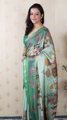 Sea green tussar silk kalamkari print zari woven border saree with contrast blouse piece 5