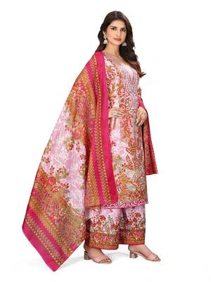 Pink color crepe silk printed women unstitched dress material 2