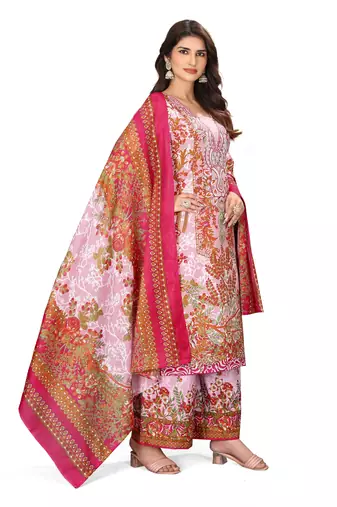 Pink color crepe silk printed women unstitched dress material