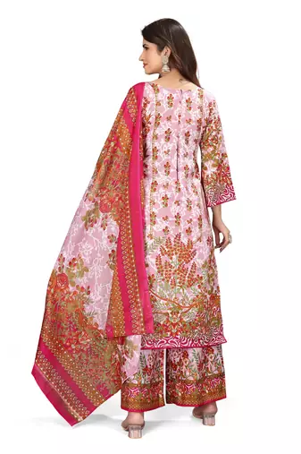 Pink color crepe silk printed women unstitched dress material