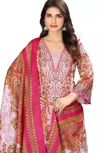 Pink color crepe silk printed women unstitched dress material