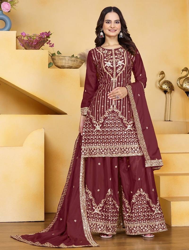 Maroon  natural creap silk party wear sharara suit set