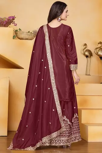 Maroon  natural creap silk party wear sharara suit set