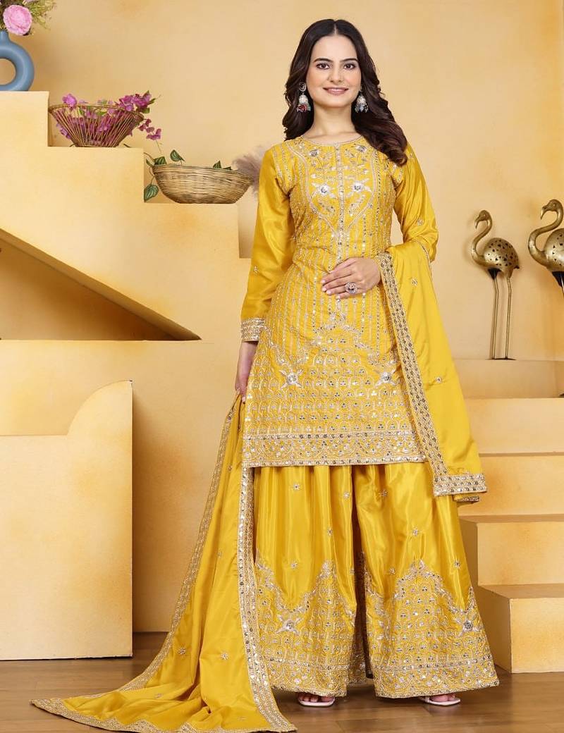 Yellow  natural creap silk party wear sharara suit set