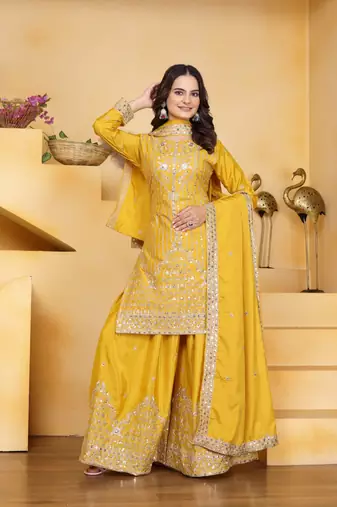 Yellow  natural creap silk party wear sharara suit set