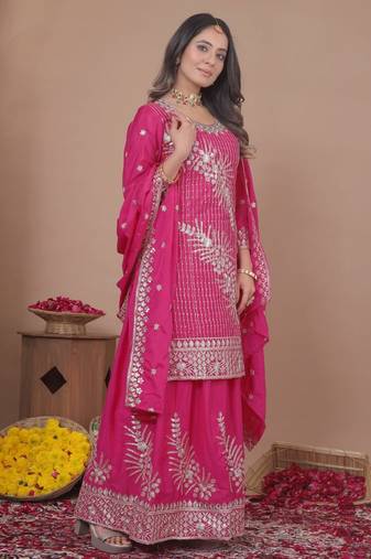 Pink natural creap silk party wear sharara suit set