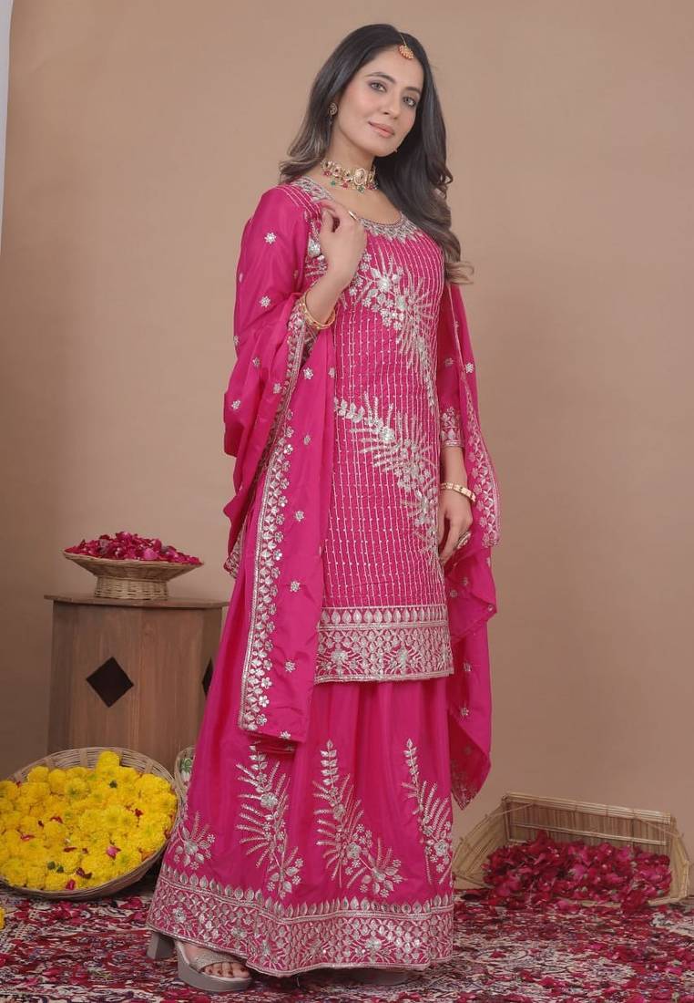 Pink natural creap silk party wear sharara suit set