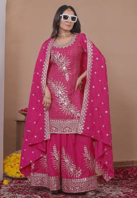 Pink natural creap silk party wear sharara suit set 2