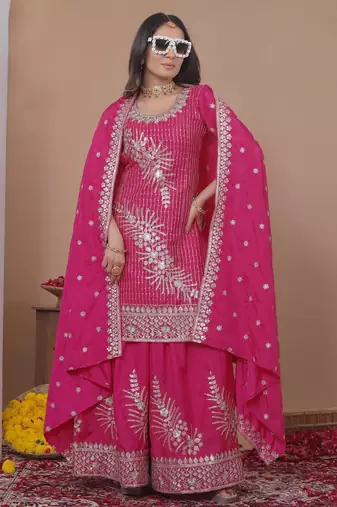 Pink natural creap silk party wear sharara suit set