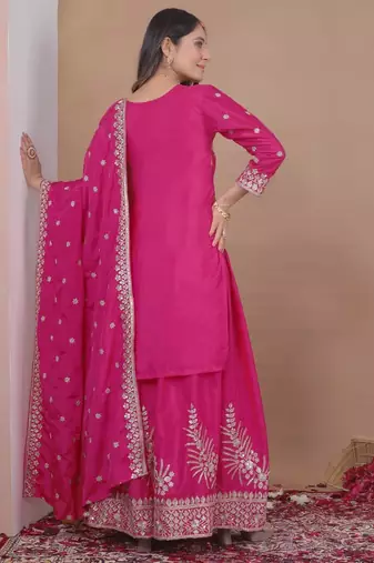 Pink natural creap silk party wear sharara suit set