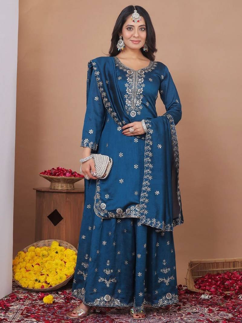 Navy blue vichitra silk party wear sharara suit set