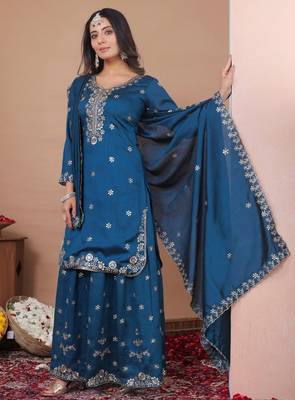 Navy blue vichitra silk party wear sharara suit set 2