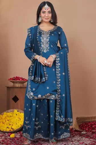 Navy blue vichitra silk party wear sharara suit set