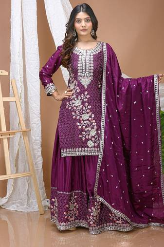 Wine chnon silk party wear sharara suit set