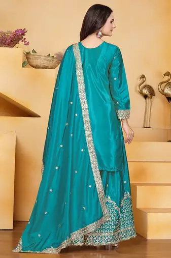Sky green natural creap silk party wear sharara suit set