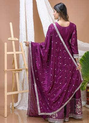 Wine chnon silk party wear sharara suit set 4