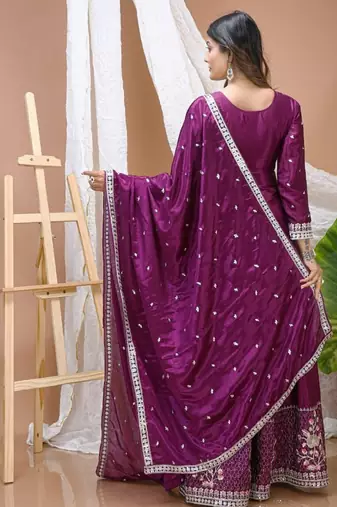 Wine chnon silk party wear sharara suit set