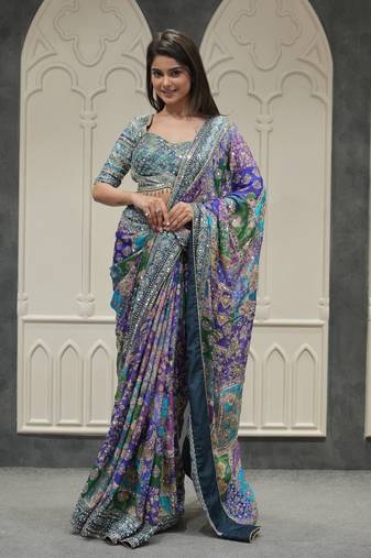 Multi Color Gold Zari and Hand real mirror work Chinnon Saree