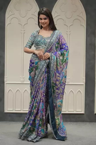 Multi Color Gold Zari and Hand real mirror work Chinnon Saree