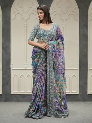 Multi Color Gold Zari and Hand real mirror work Chinnon Saree 2