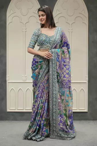 Multi Color Gold Zari and Hand real mirror work Chinnon Saree