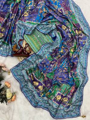 Multi Color Gold Zari and Hand real mirror work Chinnon Saree 3