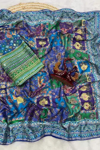 Multi Color Gold Zari and Hand real mirror work Chinnon Saree