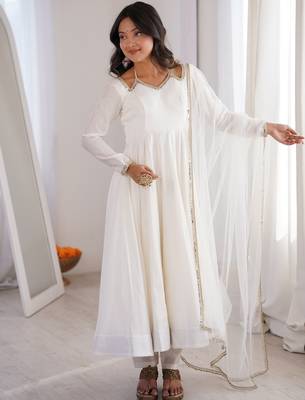 Stunning White Lace Work Roman Silk Festive Wear Anarkali Suit Pant 1