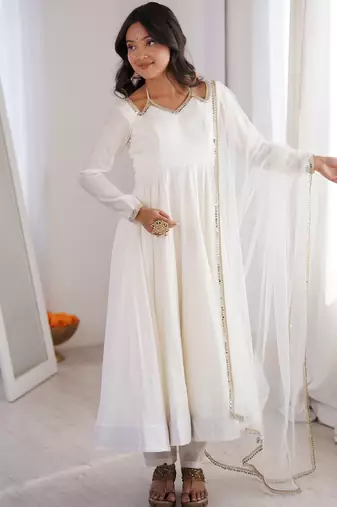Stunning White Lace Work Roman Silk Festive Wear Anarkali Suit Pant