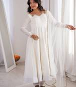 Stunning White Lace Work Roman Silk Festive Wear Anarkali Suit Pant