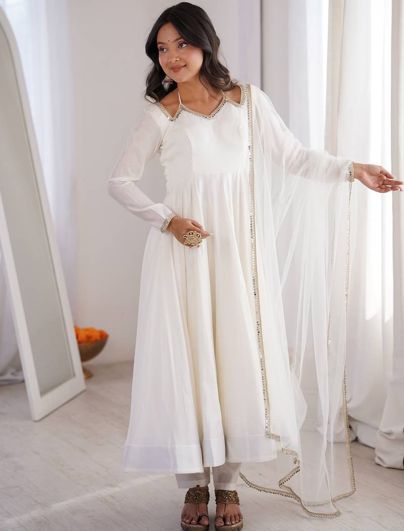 Stunning White Lace Work Roman Silk Festive Wear Anarkali Suit Pant