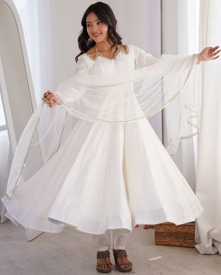 Stunning White Lace Work Roman Silk Festive Wear Anarkali Suit Pant 3
