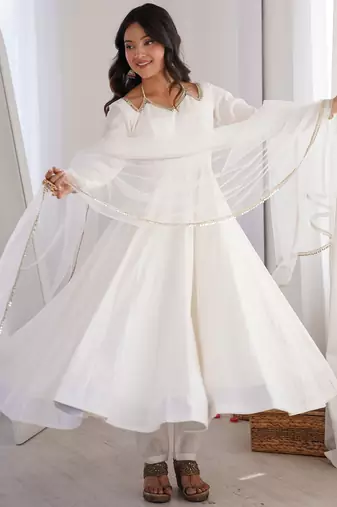 Stunning White Lace Work Roman Silk Festive Wear Anarkali Suit Pant