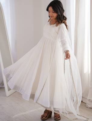 Stunning White Lace Work Roman Silk Festive Wear Anarkali Suit Pant 4