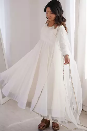 Stunning White Lace Work Roman Silk Festive Wear Anarkali Suit Pant