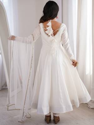 Stunning White Lace Work Roman Silk Festive Wear Anarkali Suit Pant 5
