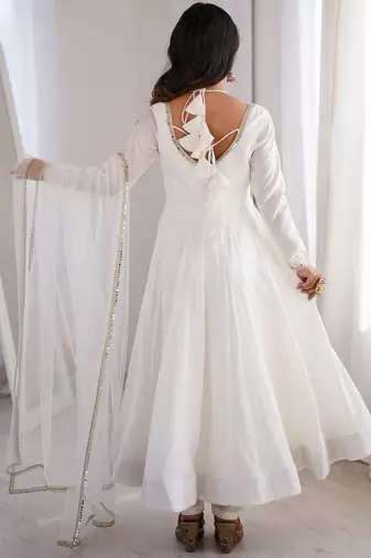 Stunning White Lace Work Roman Silk Festive Wear Anarkali Suit Pant