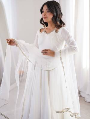 Stunning White Lace Work Roman Silk Festive Wear Anarkali Suit Pant 6