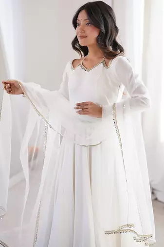 Stunning White Lace Work Roman Silk Festive Wear Anarkali Suit Pant
