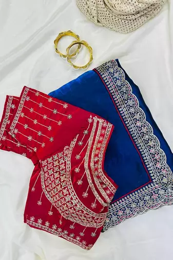 Neavy Blue Color embroidery fancy lace border Satin Saree