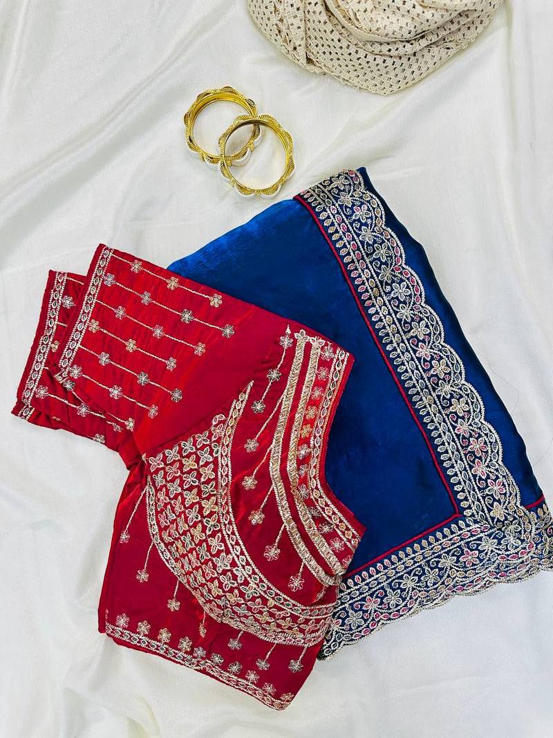 Neavy Blue Color embroidery fancy lace border Satin Saree