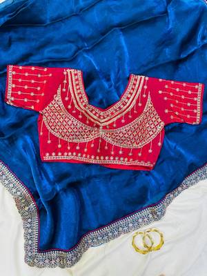 Neavy Blue Color embroidery fancy lace border Satin Saree 3