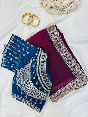 Plum Color embroidery fancy lace border Satin Saree 1
