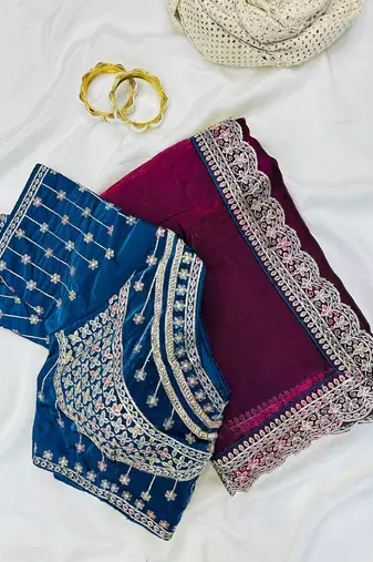 Plum Color embroidery fancy lace border Satin Saree