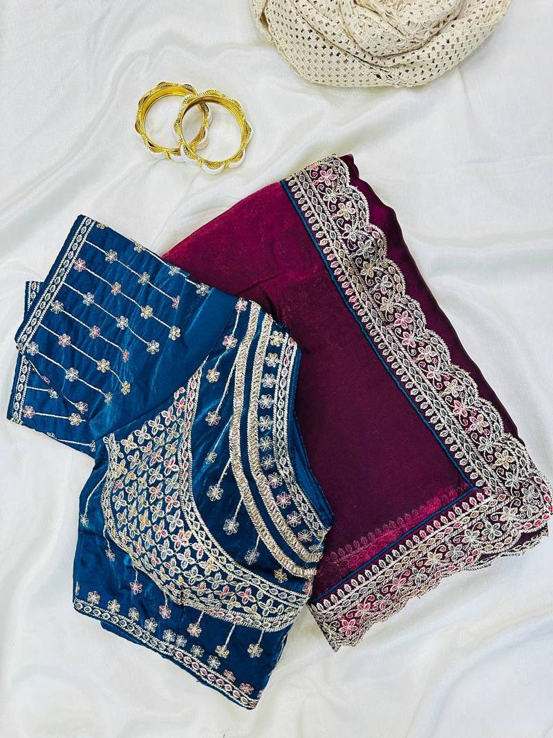 Plum Color embroidery fancy lace border Satin Saree