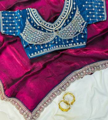 Plum Color embroidery fancy lace border Satin Saree 2