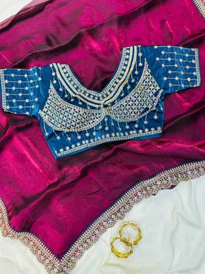 Plum Color embroidery fancy lace border Satin Saree 3