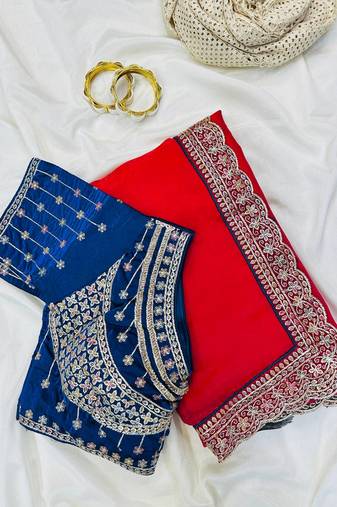 Rani Pink Color embroidery fancy lace border Satin Saree