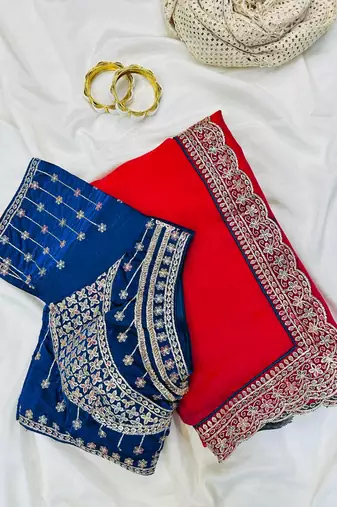 Rani Pink Color embroidery fancy lace border Satin Saree