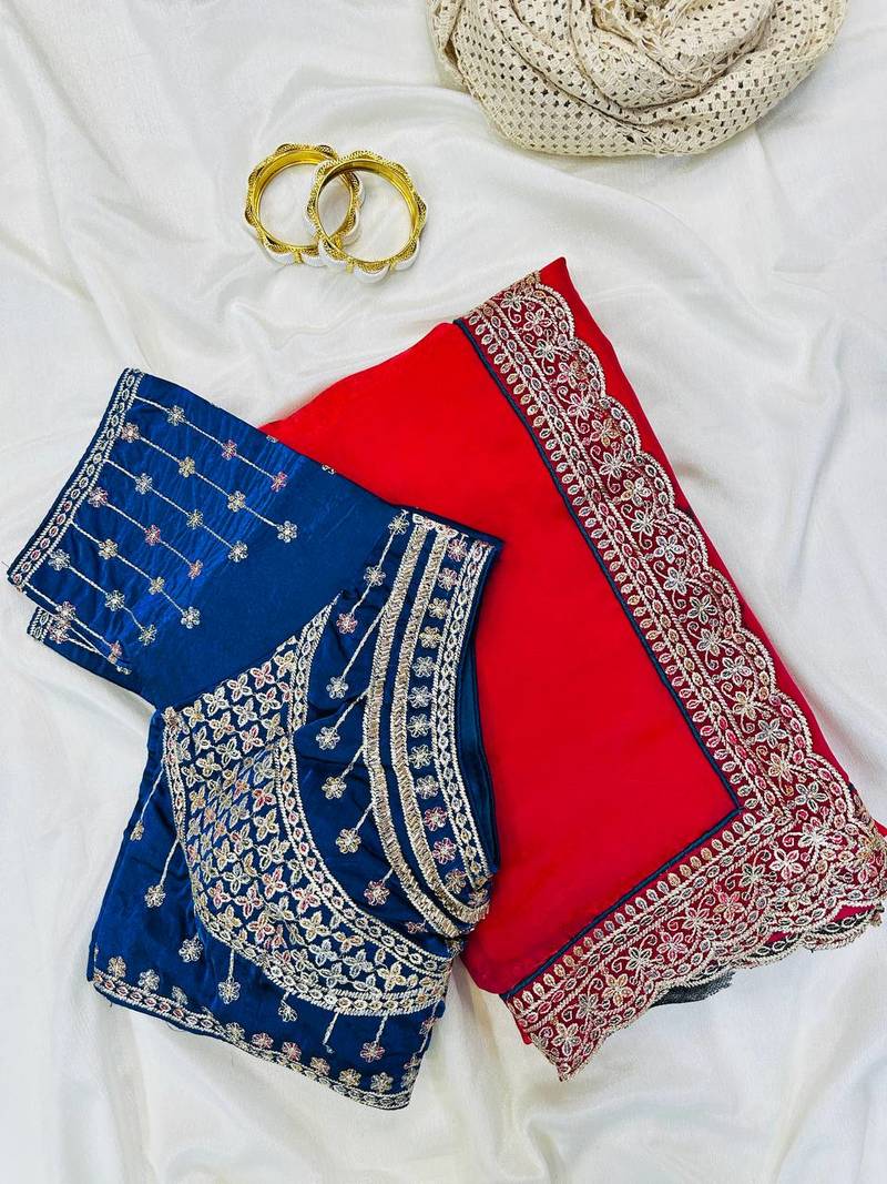 Rani Pink Color embroidery fancy lace border Satin Saree